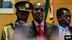 FILE: Mugabe speaks during a private ceremony to celebrate his 93rd birthday on February 21, 2017 in Harare.