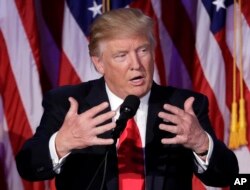 President-elect Donald Trump gives his acceptance speech during his election night rally, Nov. 9, 2016, in New York.