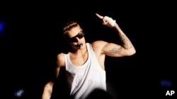 FILE - Pop star Justin Bieber is seen during a concert in Panama City.