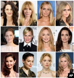 FILE - A combination photo shows actresses who have made allegations against producer Harvey Weinstein. Listed in alphabetical order, top row from left, Asia Argento, Rosanna Arquette, Jessica Barth, Cara Delevingne, Romola Garai, Judith Godreche, Heather Graham, Angelina Jolie, Ashley Judd, Rose McGowan, Lea Seydoux and Mira Sorvino.