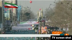 Iran’s Ghadr long-range ballistic missile is seen on display at a Tehran parade celebrating the anniversary of Iran's Islamic Revolution, Feb. 11, 2018 (screen grab from Iranian state TV).