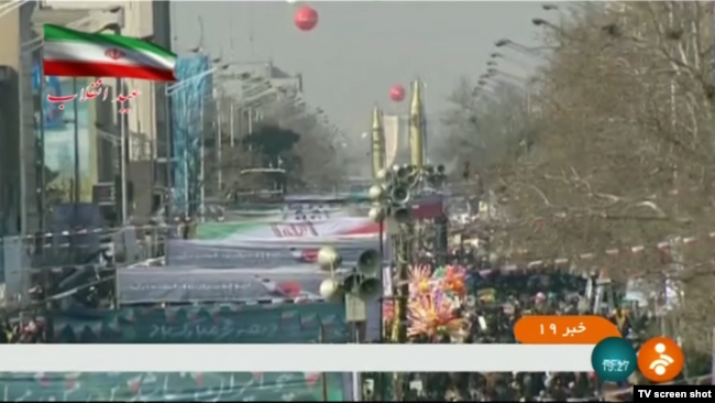 Iran’s Ghadr long-range ballistic missile is seen on display at a Tehran parade celebrating the anniversary of Iran's Islamic Revolution, Feb. 11, 2018 (screen grab from Iranian state TV).