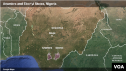 Map showing Anambra state in Nigeria, where a convoy was attacked Tuesday. Two U.S. mission employees missing since the attack have been recovered alive.