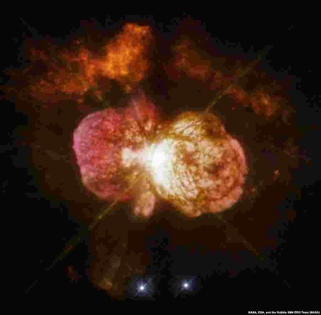 Eta Carinae's great eruption in the 1840s created the billowing Homunculus Nebula, imaged here by Hubble, and transformed the binary into a unique object in our galaxy. Astronomers cannot yet explain what caused this eruption. The discovery of likely Eta Carinae twins in other galaxies will help scientists better understand this brief phase in the life of a massive star.