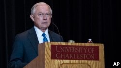 Attorney General Jeff Sessions addresses the crowd with opening remarks during a Drug Enforcement Administration (DEA) 360 Heroin and Opioid Response Summit at the University of Charleston, May 11, 2017, in Charleston, W.Va.
