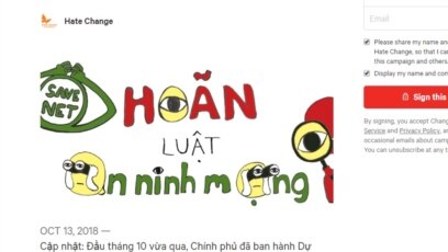 Hơn 69.000 người ký kiến nghị đòi quốc hội Việt Nam hoãn thi hành Luật An ninh mạng, 16/10/2018.
