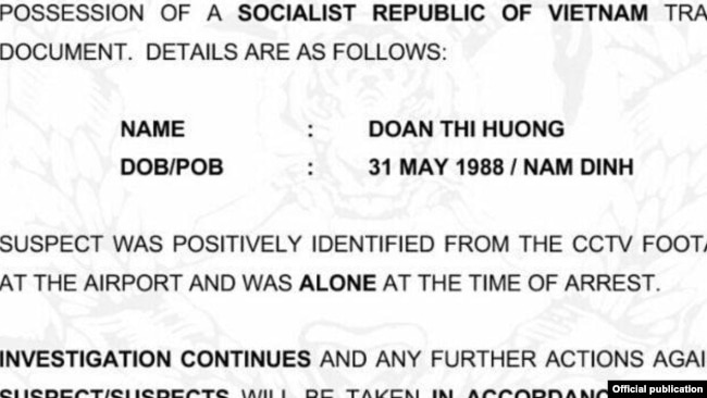 Thông cáo của cảnh sát Malaysia về vụ bắt giữ bà Doan Thi Huong.