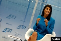 U.S. Ambassador to the United Nations Nikki Haley speaks about the Iran nuclear deal at the American Enterprise Institute in Washington, Sept. 5, 2017.
