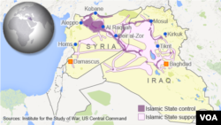 Bản đồ khu vực Nhà nước Hồi giáo kiểm soát hoặc ủng hộ ở Syria và Iraq.