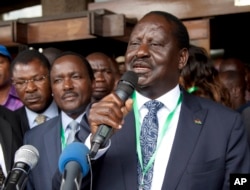 FILE - In this photo dated May 28, 2017, National Super Alliance Presidential candidate Raila Odinga, addresses supporters after he presented his presidential papers in Nairobi, Kenya.