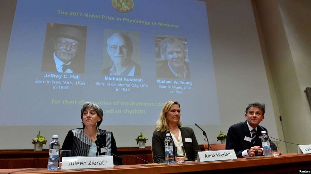 Ủy ban Nobel Y khoa loan báo trao giải Nobel Y khoa 2017 cho 3 nhà khoa học Mỹ ngày 2/10/2017. (ảnh TT News Agency/Jonas Ekstromer via REUTERS )