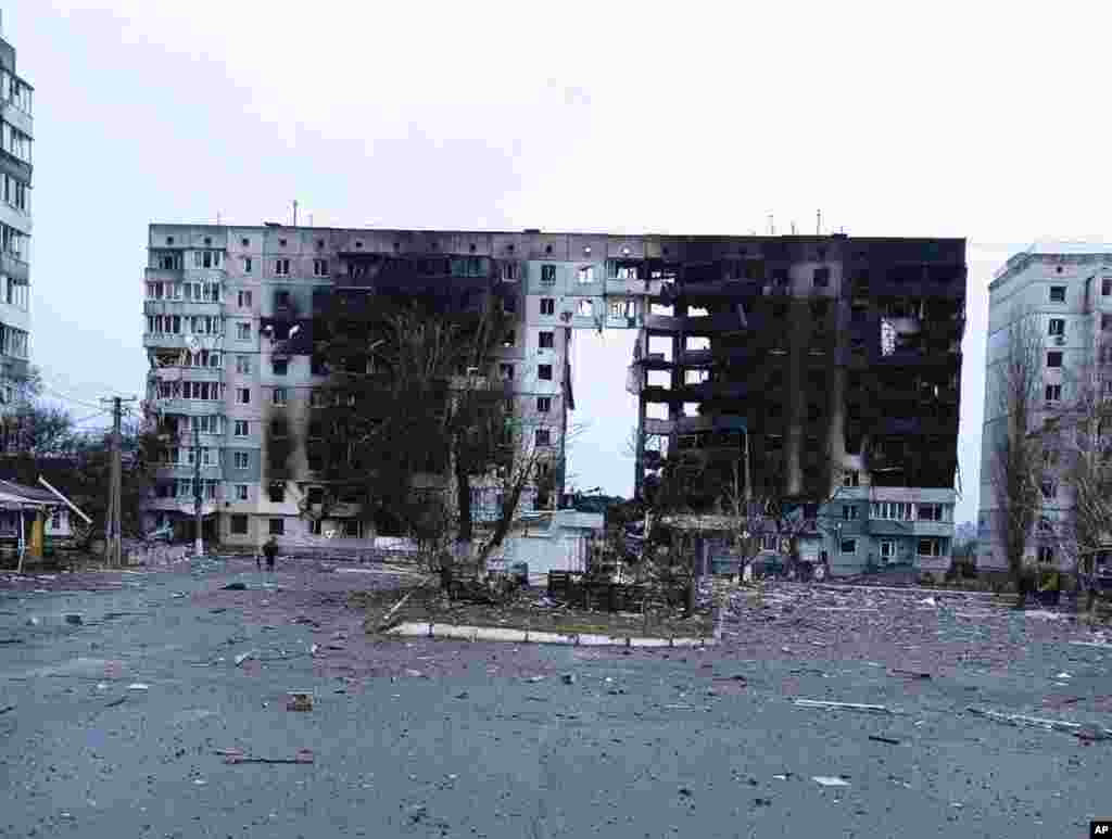 A view of heavy damage in the residential area of Borodyanka, on the outskirts of Kyiv, Ukraine, March 3, 2022, following a Russian strike.