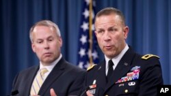 Sexual Assault Prevention and Response Office Director, Maj. Gen. Jeffrey Snow (R) with Nate Galbreath, Senior Executive Adviser for the Department of Defense Sexual Assault Prevention and Response Office (SAPRO), speaks to reporters at the Pentagon,May 1