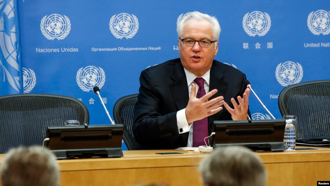 FILE - Vitaly Churkin, Russia's ambassador to the United Nations, speaks during a news conference at U.N. headquarters in New York.