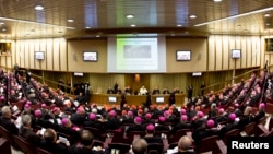 Pope Francis leads the synod of bishops in Paul VI's hall at the Vatican, Oct. 6, 2014.
