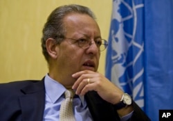 FILE - U.N special envoy to Yemen Jamal Benomar speaks to a reporter during an interview in Sanaa, Sept. 28, 2014.