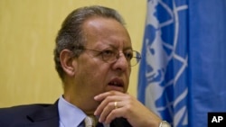 FILE - Jamal Benomar, the U.N. special envoy to Yemen and the country's chief political interlocutor since 2011, speaks to a reporter during an interview with AP in Sanaa, Sept. 28, 2014. 