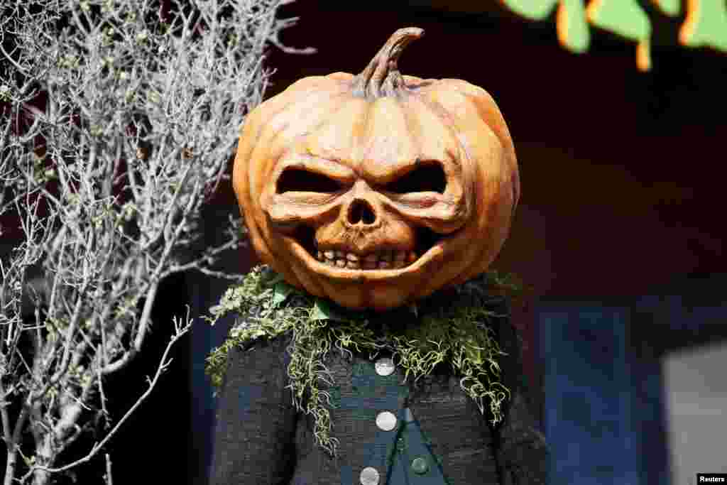 A person dressed as a pumpkin monster poses at the premiere of the film &quot;Goosebumps,&quot; in Los Angeles, California, Oct. 4, 2015.