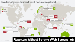 無國界記者星期三（4月26日）發佈2017世界新聞自由指數圖。