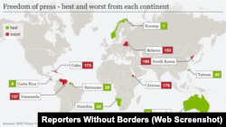 ካርታ:ድንበር የለሽ የጋዜጠኞች ቡድንመታዊ ዓለም አቀፍ “የሚዲያ ነፃነት” መለኪያ የደረጃ ሰንጠረዥ