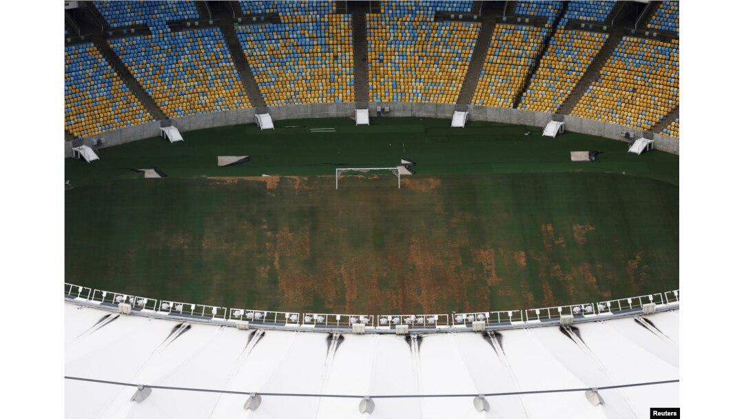 An aerial view of Maracana Stadium, which was used for the Opening and Closing ceremonies of the Rio 2016 Olympic Games, shows the turf being dry, worn and filled with ruts and holes, in Rio de Janeiro, Brazil, Jan. 12, 2017.