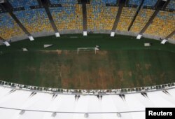 An aerial view of Maracana Stadium, which was used for the Opening and Closing ceremonies of the Rio 2016 Olympic Games, shows the turf being dry, worn and filled with ruts and holes, in Rio de Janeiro, Brazil, Jan. 12, 2017.