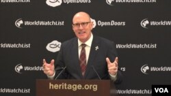 데이비드 커리 오픈도어스 미국지부 회장이 16일 워싱턴에서 열린 '2019 세계 기독교 감시 목록’을 발표하면서 북한의 열악한 인권 상황을 지적했다.