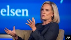 FILE - Secretary of Homeland Security Kirstjen Nielsen speaks to George Washington University's Center for Cyber and Homeland Security, in Washington, Sept. 5, 2018. 