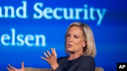 Secretary of Homeland Security Kirstjen Nielsen speaks to George Washington University's Center for Cyber and Homeland Security, in Washington, Wednesday, Sept. 5, 2018. Nielsen lays out her vision for the sprawling department, as midterm elections loom amid persistent threats of hacking and the immigration debate continues to rage.