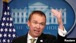 White House Office of Management and Budget Director Mick Mulvaney speaks about of U.S. President Donald Trump's budget in the briefing room of the White House in Washington, March 16, 2017.