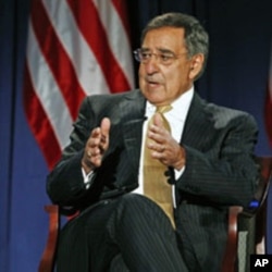 US Secretary of State Hillary Rodham Clinton (not shown) and Secretary of Defense Leon Panetta take part in a televised conversation at the National Defense University in Washington, DC, August 16, 2011