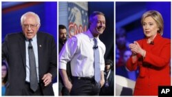 Sòti a goch ale a dwat: Senatè Bernie Sanders, ansyen Gouvènè Eta Maryland Martin O'Malley ak ansyen Sekretè Deta Hillary Clinton, ki tap fè deba nan Inivèsite Des Moines nan, nan sware lendi 25 janvye 2016 la.