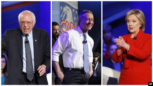 De izquierda a derecha, el senador Bernie Sanders, el exgobernador de Maryland Martin O'Malley y la exsecretaria de Estado Hillary Clinton participaron de un cabildo abierto en Iowa el lunes, 25 de enero de 2016.

