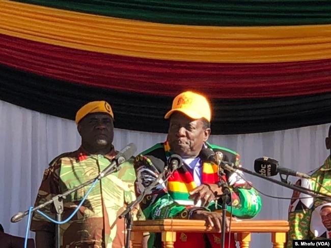 President Emmerson Mnangagwa addresses members of ruling ZANU-PF in Mutoko, June 9, 2018, about 150 km east of Harare.