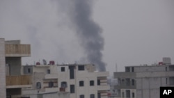 Smoke rises from the suburb of Erbeen in Damascus, January 29, 2012.