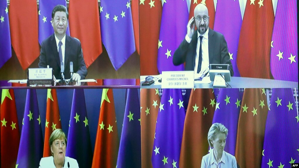 中国国家主席习近平、欧洲理事会主席米歇尔、欧盟委员会主席冯德莱恩和德国的总理默克尔参加9月14日的视频峰会。(photo:VOA)