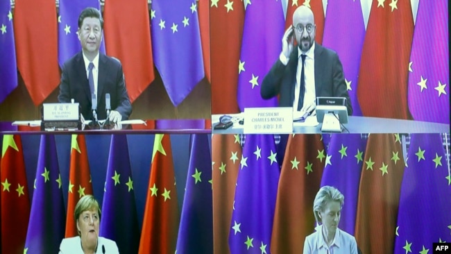 Chinese President Xi Jinping (top L), European Council President Charles Michel