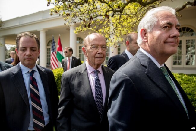 From left, President Donald Trump's Chief of Staff Reince Priebus, Commerce Secretary Wilbur Ross and Secretary of State Rex Tillerson at the White House in Washington, April 5, 2017.