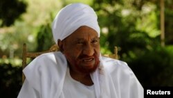 Leading opposition figure Sadiq al-Mahdi, Sudan's last democratically elected prime minister, who was overthrown in 1989 in a bloodless coup by army officer Omar Hassan al-Bashir, talks during an interview with Reuters in Khartoum, April 25, 2019.