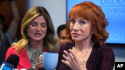 Comedian Kathy Griffin, right, speaks along with her attorney Lisa Bloom during a news conference, June 2, 2017, in Los Angeles, to discuss the backlash since Griffin released a photo and video of her displaying a likeness of President Donald Trump's severed head.