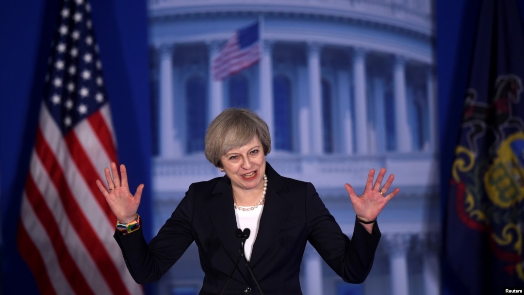 Britain's Prime Minister Theresa May arrives to speak during the 2017 "Congress of Tomorrow" Joint Republican Issues Conference in Philadelphia, Pennsylvania, Jan. 26, 2017. 