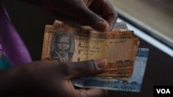 A person counts South Sudanese pounds in Juba on April 28, 2016. The value of the South Sudanese pound has dropped by nearly 90 percent since the country's civil war began more than two years ago. (J. Patinkin/VOA)