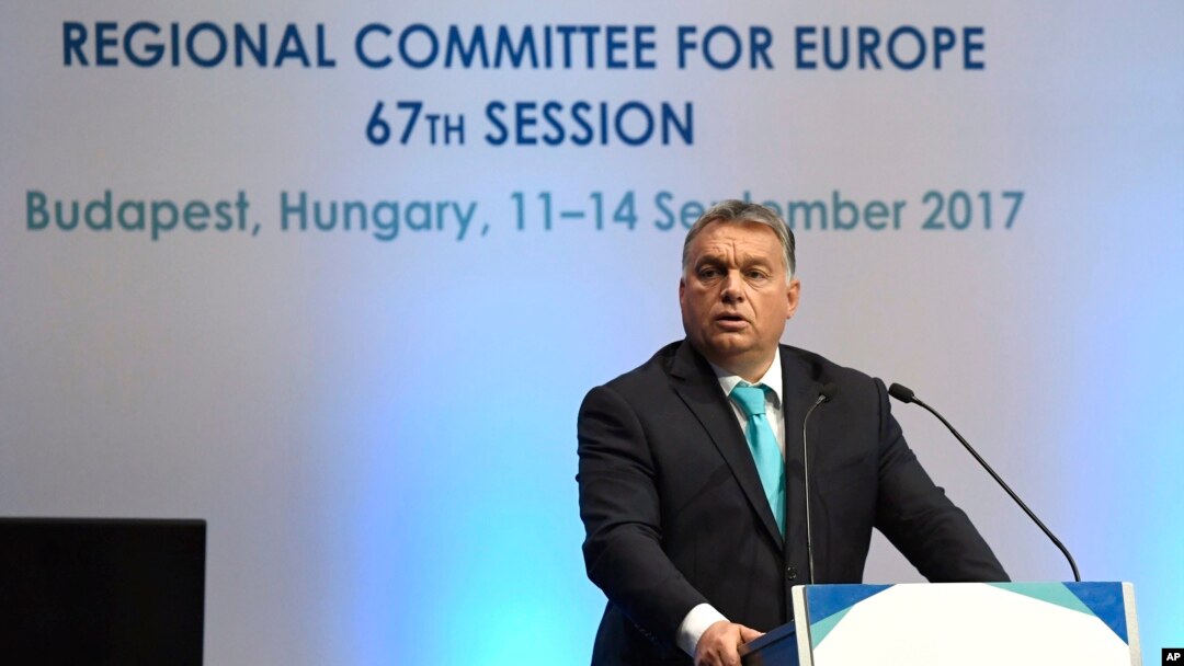Perdana Menteri Hongaria Viktor Orban berbicara pada pembukaan pertemuan ke 67 Komite Regional WHO untuk Eropa di Budapest, 11 September 2017.