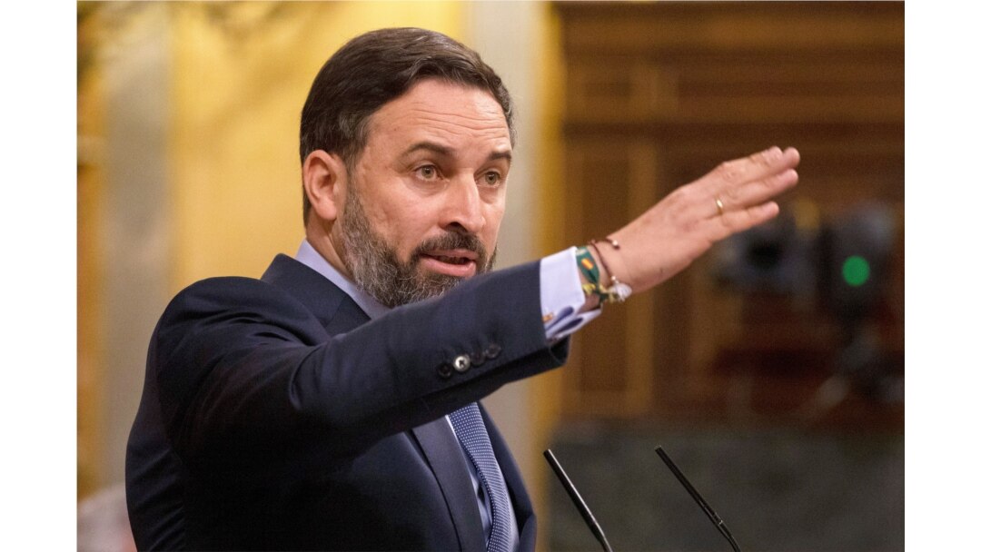 FILE - Santiago Abascal, leader of far-right party Vox, speaks at parliament in Madrid, Spain, Oct. 22, 2020.