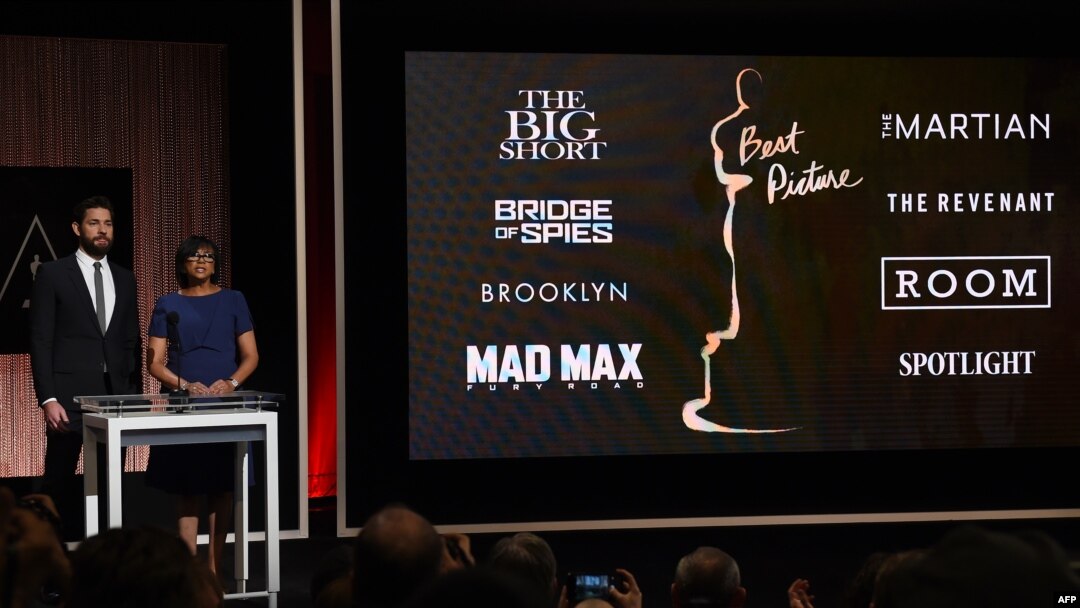 A screen showing the Oscar nominees for Best Picture as announced by actor John Krasinski and Academy President Cheryl Boone Isaacs during the Academy Awards Nominations Announcement at the Samuel Goldwyn Theater in Beverly Hills, California, Jan. 14, 2016.