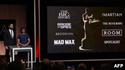 A screen showing the Oscar nominees for Best Picture as announced by actor John Krasinski and Academy President Cheryl Boone Isaacs during the Academy Awards Nominations Announcement at the Samuel Goldwyn Theater in Beverly Hills, California, Jan. 14, 2016.