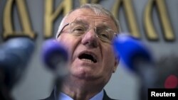 FILE - Serbian nationalist leader Vojislav Seselj speaks during a news conference in Belgrade, April 2, 2015. 