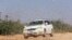 FILE - A motorist drives within desert locusts near a grazing land on the outskirt of Dusamareb in Galmudug region, Somalia, Dec. 22, 2019.