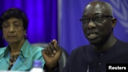 Adama Dieng, conseiller spécial du secrétaire général de l'ONU en charge de la prévention du génocide lors d'une conférence de presse à Juba, Soudan du Sud, 30 avril 2014.