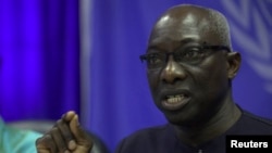 Adama Dieng, Conseiller spécial du secrétaire général de l'ONU en charge de la prévention du génocide lors d'une conférence de presse à Juba, Soudan du Sud, 30 avril 2014.